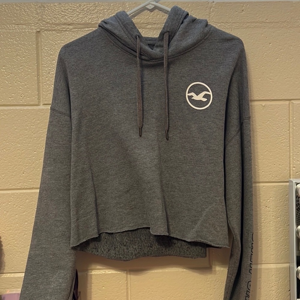 Hollister | Grey Checkerboard Drawstring Cord Cropped Hoodie | Size Medium